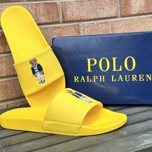 Polo Ralph Lauren BIG POLO BEAR Pool Slides Sandals Yellow Men Size 12 NEW